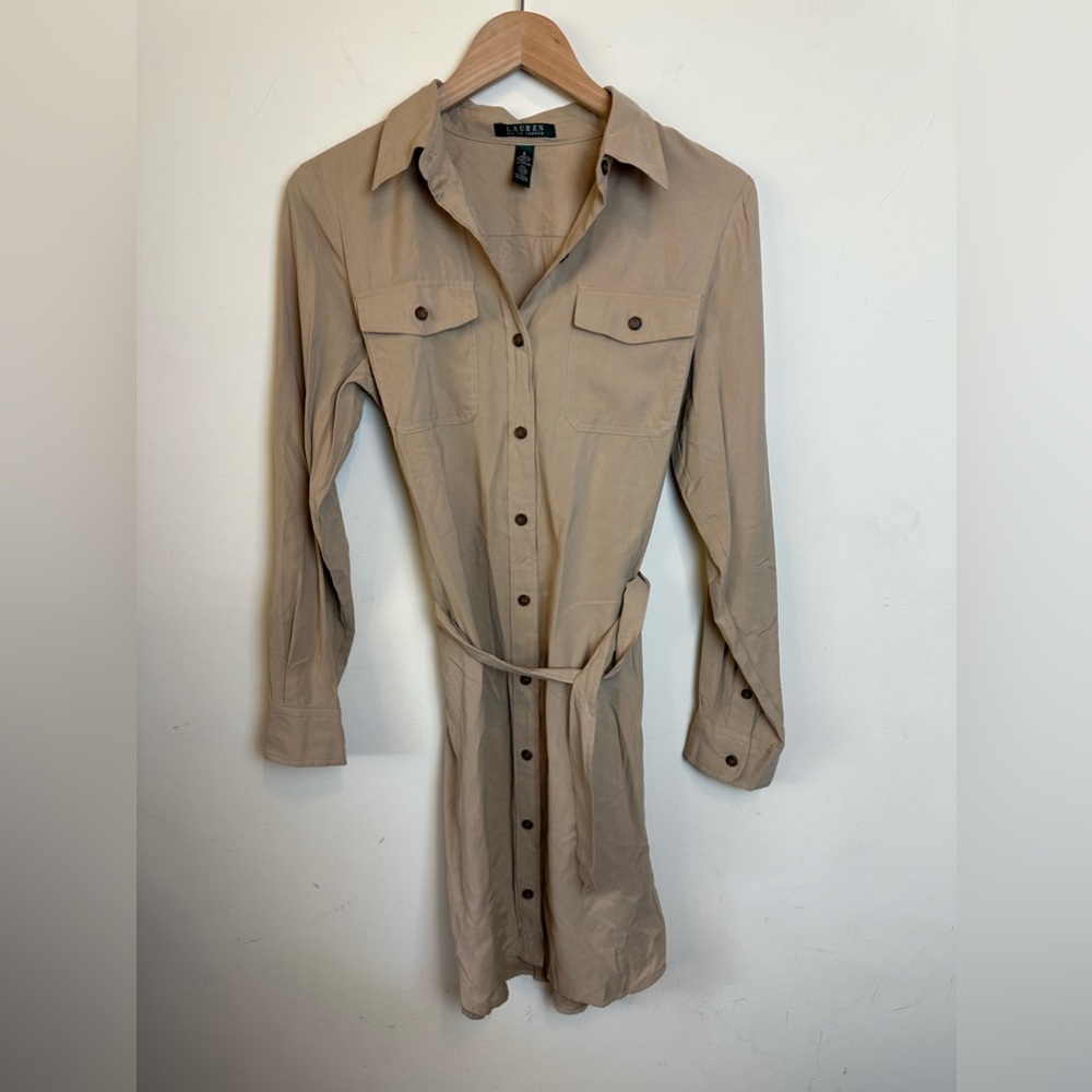 Lauren Ralph Lauren Women’s Size 8 Safari Shirt Dress Beige Belted Classic Y2K